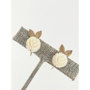 Vintage Krementz Carved Celluloid Flower Earrings Cream White Rose Gold Tone